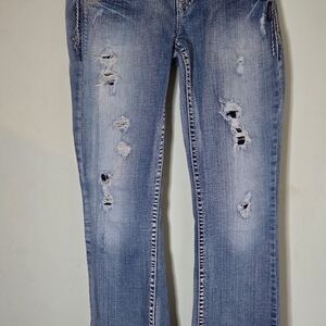 Silver Aiko Womens‎ Sustainable Denim, Embroidered Pockets Disressed Sz W28L33